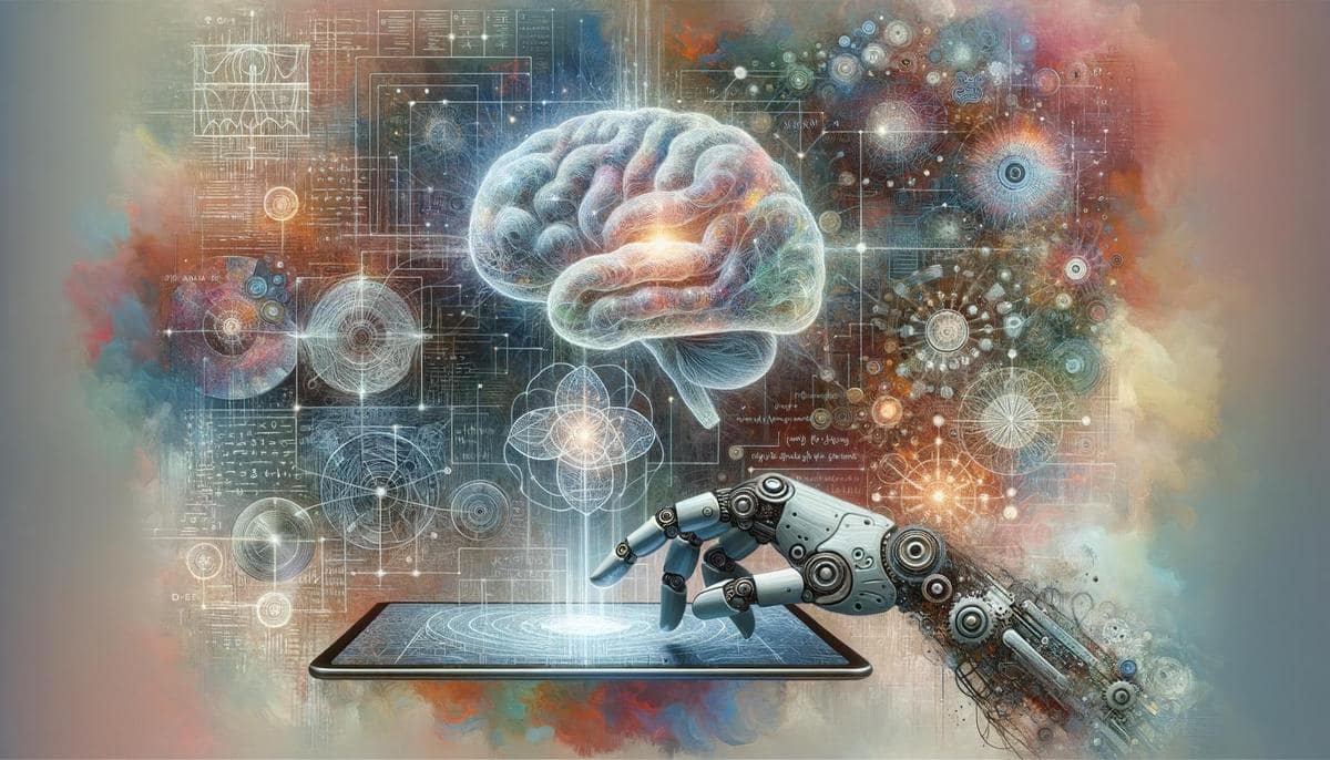 Digital brain hovers over nodes with a robotic hand holding a data tablet, amid abstract human elements and AI errors.