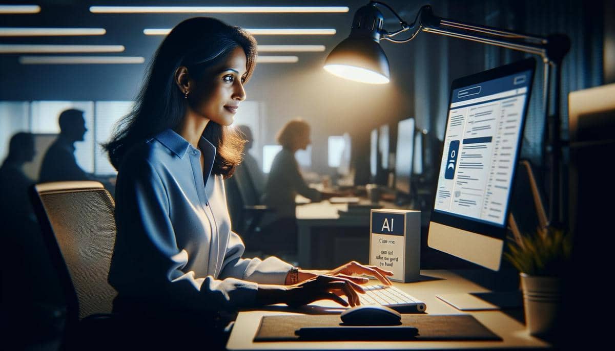 Female employee engages with AI on the computer in a professional, ethically-aware office setting.