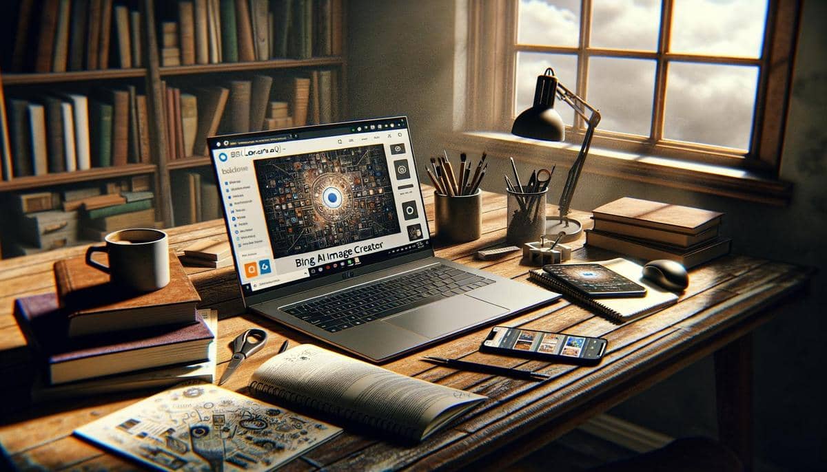 Cluttered home office desk with AI image generator tools on laptop amidst creativity.