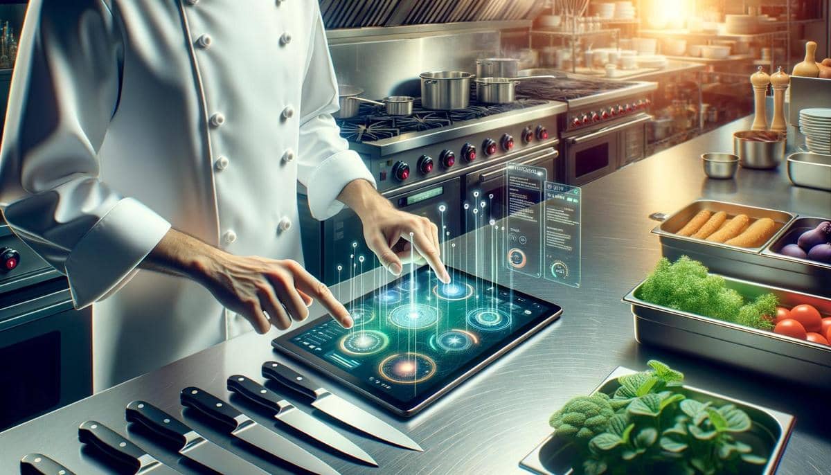 Chef analyzes graphs on a tablet amidst a high-tech kitchen with soft natural light.