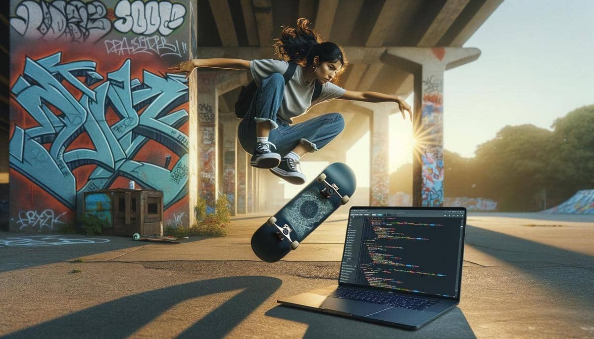 Skateboarder executing kickflip with open laptop displaying code, set against a graffiti-filled urban backdrop.