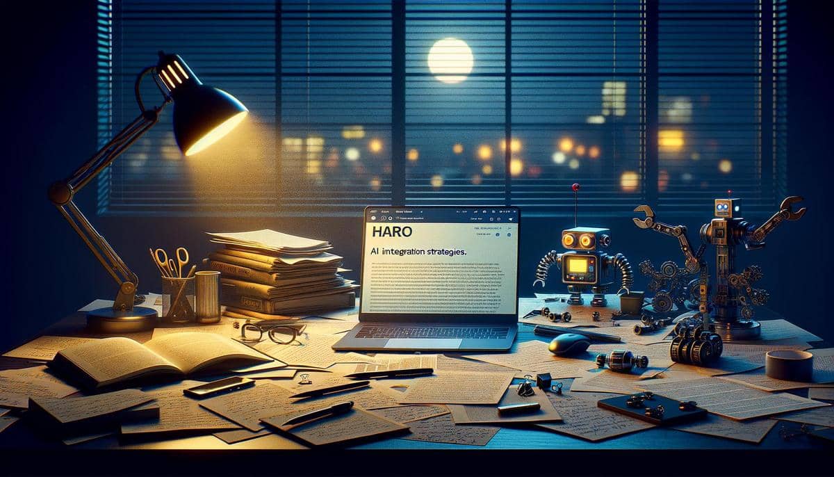 Cluttered reporter's desk showing HARO emails, AI notes, and a twilight-lit office ambiance.