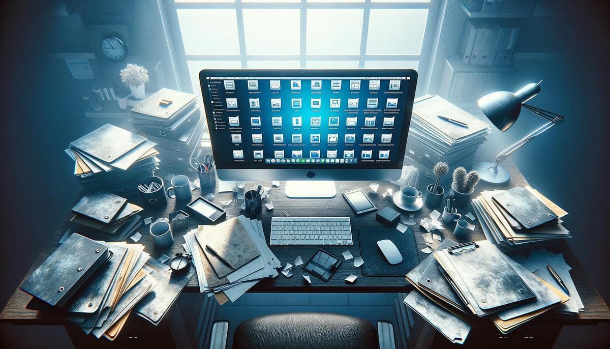 Cluttered office desk with a computer screen displaying an organized digital filing system.
